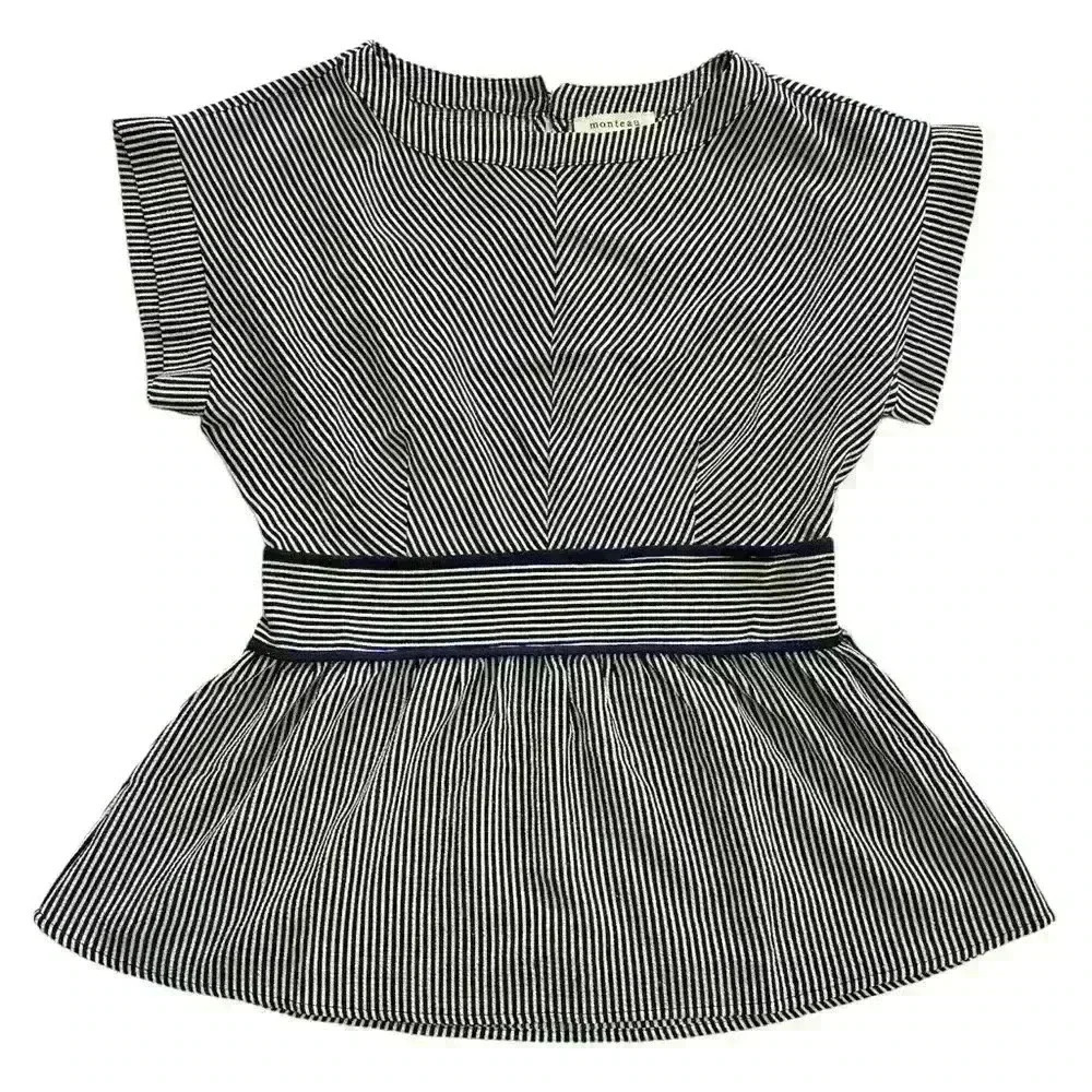 Monteau Los Angeles Navy Blue & White Striped Short-Sleeve Blouse, EUC, Size S